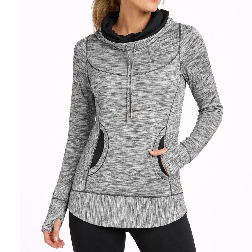 prAna Ember Cowl Neck Pullover Women XS Gray Black Thumbhole Top